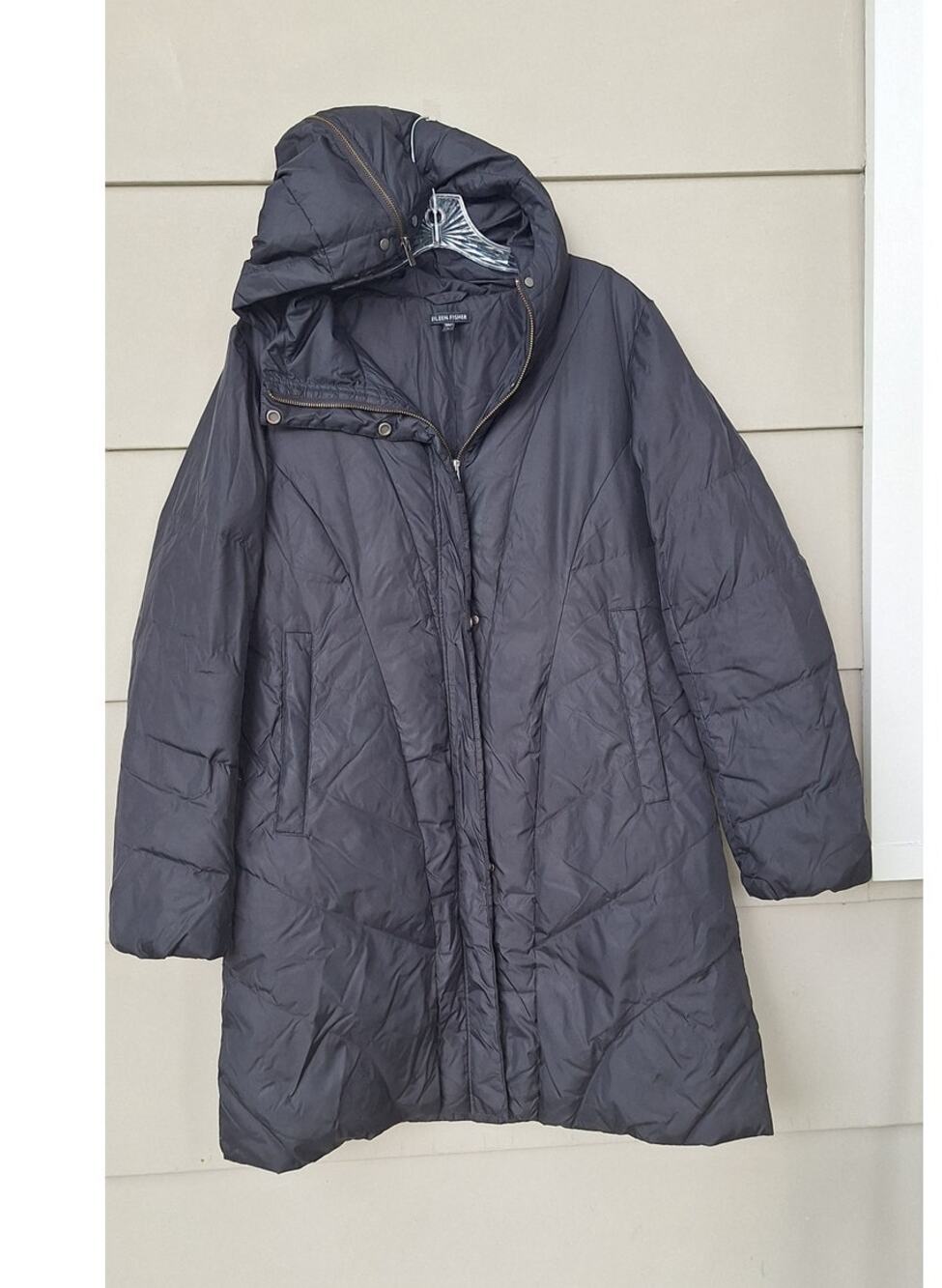 Eileen Fisher 80% Down 20% Feather Mid Long Puffer Winter Coat Black Hooded S